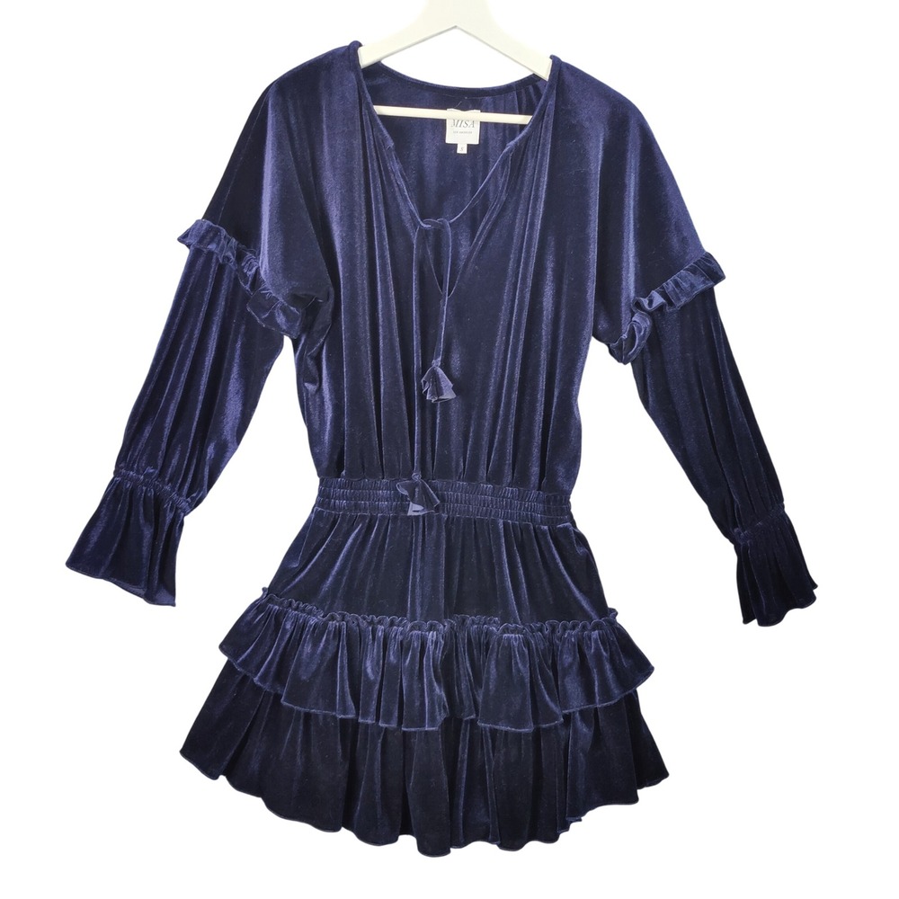 MISA LA Lorena Navy Whimsigoth Velvet Ruffle Tiered Cocktail Mini Dress Small‎